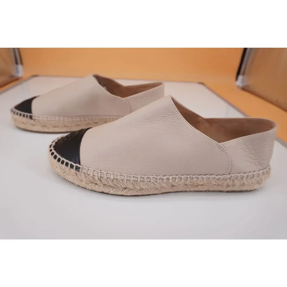 Chanel Beige Leather Black Logo CC Cap Toe Espadrille Shoes SZ 38 Slip On flat